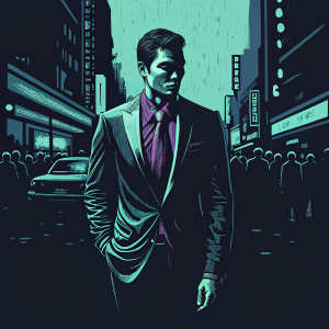 Henry Golding, in a sharp charcoal suit with a purple shirt and burgundy tie, standing on a crowded city street. Bright neon lights and bustling crowd in the background.