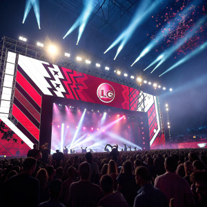 LG unveils new game banner at the E3 expo. Bright lights and bustling crowd in the background.