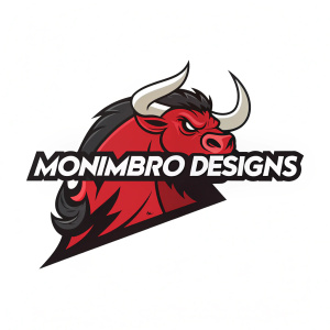 Logo featuring an aggressive bull with red horns and a fierce expression. Text 'Monimbro Designs' positioned alongside. Contrasting colors and sharp lines create a powerful visual impact.