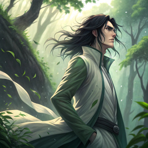Digital illustration of Ulquiorra. Intense expression. Lush green forest background. Dynamic pose, long dark hair, soft diffused lighting, flowing lines.
