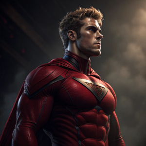 Nolan Grayson, muscular superhero with short, messy hair, stands heroic and determined in a tight red suit. Dark, dramatic background. High contrast lighting highlights muscles and expression.