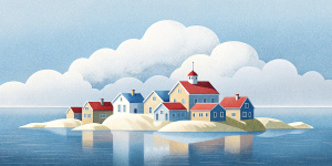 White illustration, Rene magritte style, isolated surrealistic collage of a lot of old Finnish houses and trees on island, huge ocean and big sky, light pastel colors, asymmetrical composition, zoom out view, grainy texturing paper
