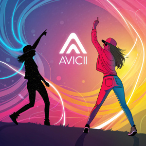 Avicii's EP cover art. Abstract, colorful, dynamic female figures. Bold, vibrant color palette. Avicii logo prominent.