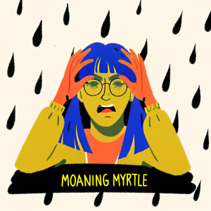 Cartoony image of Moaning Myrtle from Harry Potter series. Blue-green hair, angry face. Dark background with water droplets. Caption reads 'Moaning Myrtle'