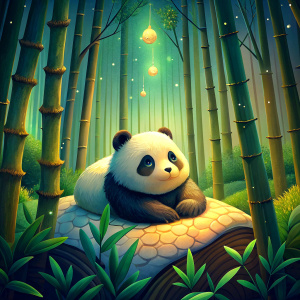 a cute panda waking up from sleep at night in a bamboo forest under the starry night, cartoon style