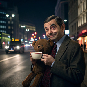 Rowan Atkinson, known as Mr. Bean, holding a cup of tea and a brown teddy bear. Set against a bustling cityscape at night.