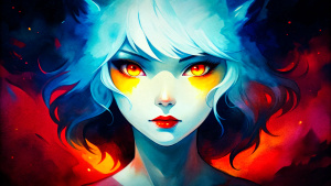 mujer anime cabello rojo oscuro, ojos dorados, cuernos de dragon rojo, hombre anime pelo blanco, ojos azules, orejas de gato blanco. pareja perfil corazón amor