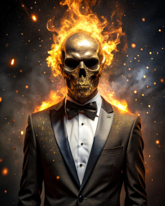 effect, photoshop action, realistic golden skull with human body in tuxedo gold on head, flames of fire, sparks, dust, explosion, effect, quality xd, 