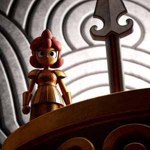 Skywynne, the powerful heroine from 'Star vs. the Forces of Evil,' stands confidently. Her vibrant red hair contrasts beautifully against her golden attire. She's set against a backdrop of swirling, vivid purple patterns.