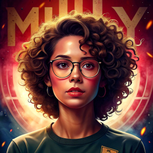 crear una imagen de una  mujer joven con lentes, cabello ondulado, rostro serio, negro, latina, en un salón,  al fondo un letrero, que se lea perfectamente con texto "MILLY" fondo artistico full hd 8k