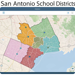 Interactive map showcasing San Antonio school districts. Each district highlighted in unique colors. Detailed labels for names and boundaries. User-friendly interface for easy navigation.