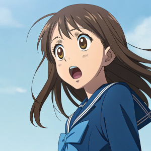 Anime character, girl, shocked expression, wearing blue school uniform. Clear background