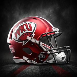 Sophisticated logo design for WKU football. Dark background, highlights red and white helmet with sleek angles and dynamic appearance.