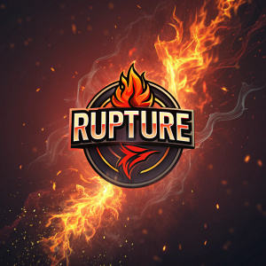 Rupture logo design, featuring a dynamic flame motif. Dark, fiery background with digital art style