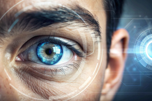 closeup of a human eye with virtual hologram elements for surveillance and digital ID verification or Lasik vision laser correction as wide banner with copy space area high quality, extremely realistic, High details, photorealism, 8k, Capture this image with a high-resolution photograph using an 85mm lens
