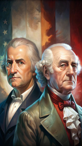 Generate two separate images: one showing John Adams as Vice President beside George Washington, and another portraying him in his presidential role, emphasizing his leadership and dedication to the early Republic
