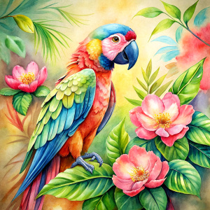 Vintage Old, Watercolor Soft Colors, Tropical Flowers and Plants Bonita Macaw