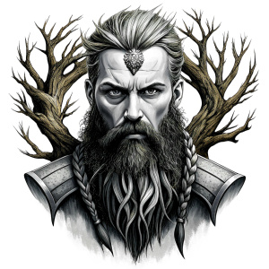 Wikinger mit zwei Gesichtern baum yggdrasil – and weapons high-definition design grey and black, realistic tattoo design, white background