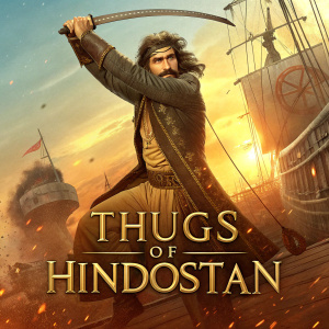 Movie poster for 'Thugs of Hindostan', featuring action-packed scene. Dynamic pose of lead character amidst a flaming ship. Ornate costumes, warm and rich color palette, gold and fiery hues, classic poster design.