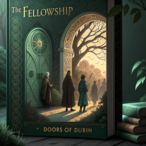 A book cover for 'The Fellowship of the Ring'. Dark green background with intricate illustration of the Fellowship standing before the Doors of Durin. Moonlight casting shadows, detailed and elaborate design
