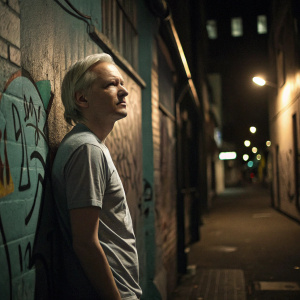 Julian Assange, wearing a casual t-shirt, stands in a dimly lit alley. Graffiti covered walls behind him.