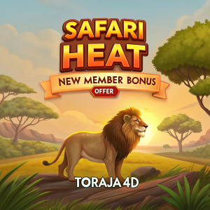 Exciting online gaming site Safari Heat. Features a majestic lion, new member bonus offer, official website URL, and vibrant Toraja4D logo.