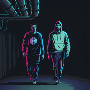 Luke Kornet and Sam Hauser from the Boston Celtics walking through a dimly lit tunnel before a game. Luke in black jersey, Sam in white hoodie with Celtics logo. Pipes hanging from ceiling