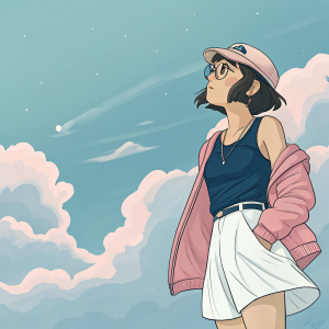 Digital art featuring Natsumi Hinata from Sgt Frog. She wears a casual outfit: a dark blue tank top, white skirt, and a pink jacket. Soft, dreamy sky background