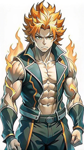 (64k HDR, close up angle Character warrior, muscle man warrior, mortal kombat anime style, 90 degrees).  
Name: Blaze Infernus
Skin color: Fiery red
Hair color: Bright orange
Haircut Style: Flame style
Clothing:
Top: Black sleeveless jacket with red flame accents.
Bottom: Black shorts with orange accents
Shoes: Black flame boots Black outlines, line art, white background.