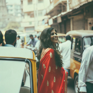 Pooja Sawant, an actress, smiling joyfully. She is in a vibrant red saree with gold embroidery. In the bustling streets of Mumbai, amidst a crowd of people and vehicles.