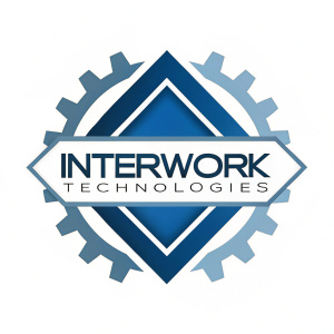 Abstract logo featuring the name 'Interwork Technologies' in sleek, modern font. The design centers around a bold blue geometric shape. Clean, professional color scheme.