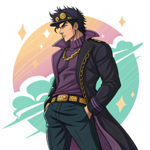 Digital illustration of Jotaro Kujo. Muscular build, confident stance, wearing a dark outfit. Vibrant color palette, spiky dark hair.