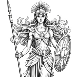 Athena full body  - Goddess of wisdom, strategy, and just war Coloring Book bold lines 