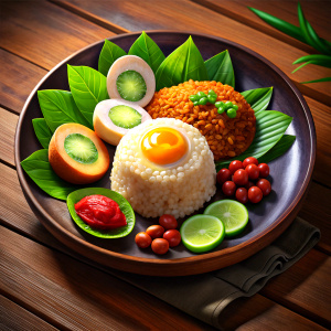 nasi lemak bersantan kelapa di atas meja buluh