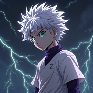 Killua Zoldyck in vivid digital artwork. Fierce look, electric aura. Dark, mysterious background