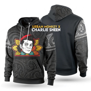 A custom hoodie featuring Urban Monkey X Charlie Sheen branding, made of premium fabric with intricate design details.