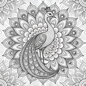 adult coloring page, a graceful peacock with intricate mandala feathers, black line art