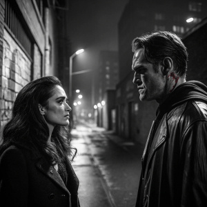 In the noir world of Sin City, a man with bloodstained face and a woman with flowing dark hair. Both with intense gazes. Shot in stark black and white, shadowy alleyway.