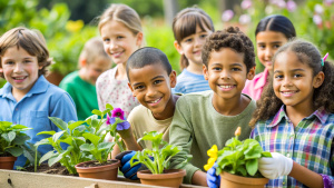 Kids at a community garden, tending to their plants and flowers with enthusiasm. Planting, and enjoying their labor as their garden flourishes