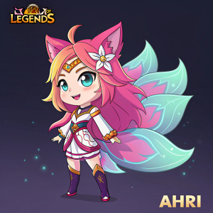 In a vibrant digital illustration, Ahri from League of Legends stands out with her youthful charm and intricate attire. Against a dark background, her colorful features glow, surrounded by the League of Legends logo.