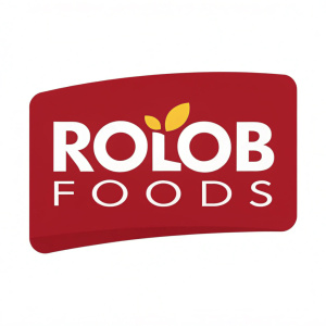 Rolob Foods new logo, featuring a sleek, red design with white sans-serif text. The text is slightly off-center. A tiny, yellow graphic element represents a stylized food icon.