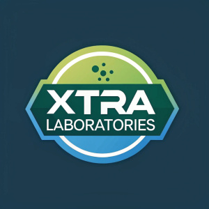 Xtra Laboratories logo, vibrant green and blue colors. Bold text, modern design.