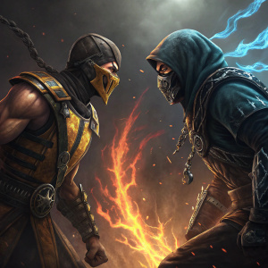 Digital artwork showcasing a Mortal Kombat X Reloaded scene. Detailed characters in fierce combat poses. Art style is dynamic with shadowy and fiery elements. Created by Veronica Mazzaro aka Dragon Raine.