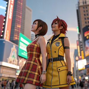 Digital artwork featuring Kairi and Selphie from Kingdom Hearts. The duo is standing amidst a bustling cityscape, Kairi in her iconic plaid dress and Selphie in her yellow attire.