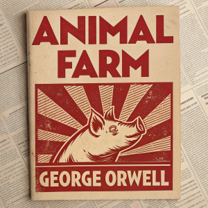 Book cover for Animal Farm by George Orwell. Design features bold red lettering and newspaper texture. Color palette includes red and beige. Vintage style, focusing on typography and graphics.