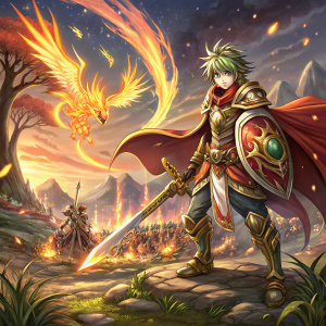 Shion, a brave warrior from the game Brave Frontier. Standing on a mystical battlefield, surrounded by fire and mythical creatures.