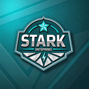 Digital artwork showcasing a modern logo for Stark Enterprises. The main logo features the brand name 'STARK' in bold font. A secondary logo integrates 'STARK' with a lightning bolt symbol. Teal and silver color palette.