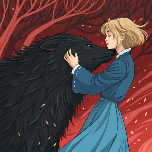 Digital artwork featuring Howl from 'Howl's Moving Castle'. Blonde-haired protagonist in blue dress. Embracing large, black, fluffy creature. Fiery red background with intricate patterns.