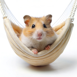 A hamster in a hammock with a white background
