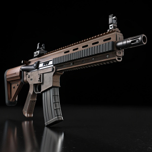 3D render of futuristic HK416D CAG rifle in dark shades of brown and grey against a sleek, black background.